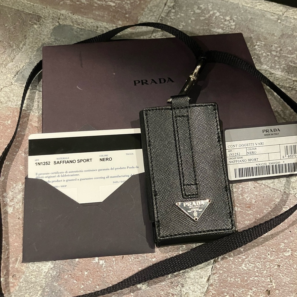 Prada Black Saffiano Leather Lanyard ID Card Case Holder